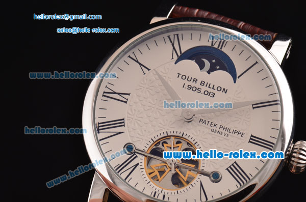 Patek Philippe Complications ST22 Automatic Steel Case with Black Roman Numeral Markers White Dial and Brown Leather Strap - Click Image to Close